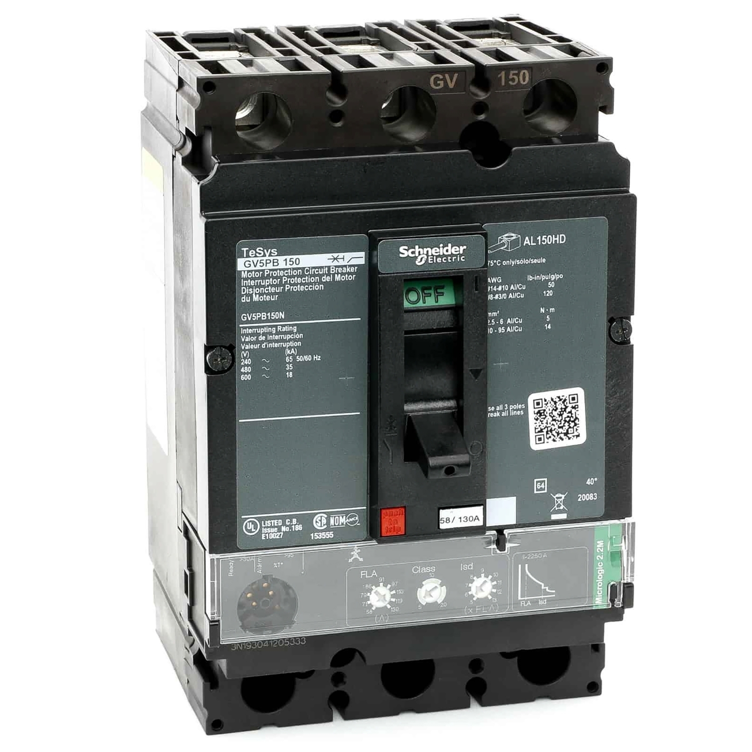 Motor circuit breaker, TeSys GV5, 3P, 150A, 18kA SCCR, thermal magnetic