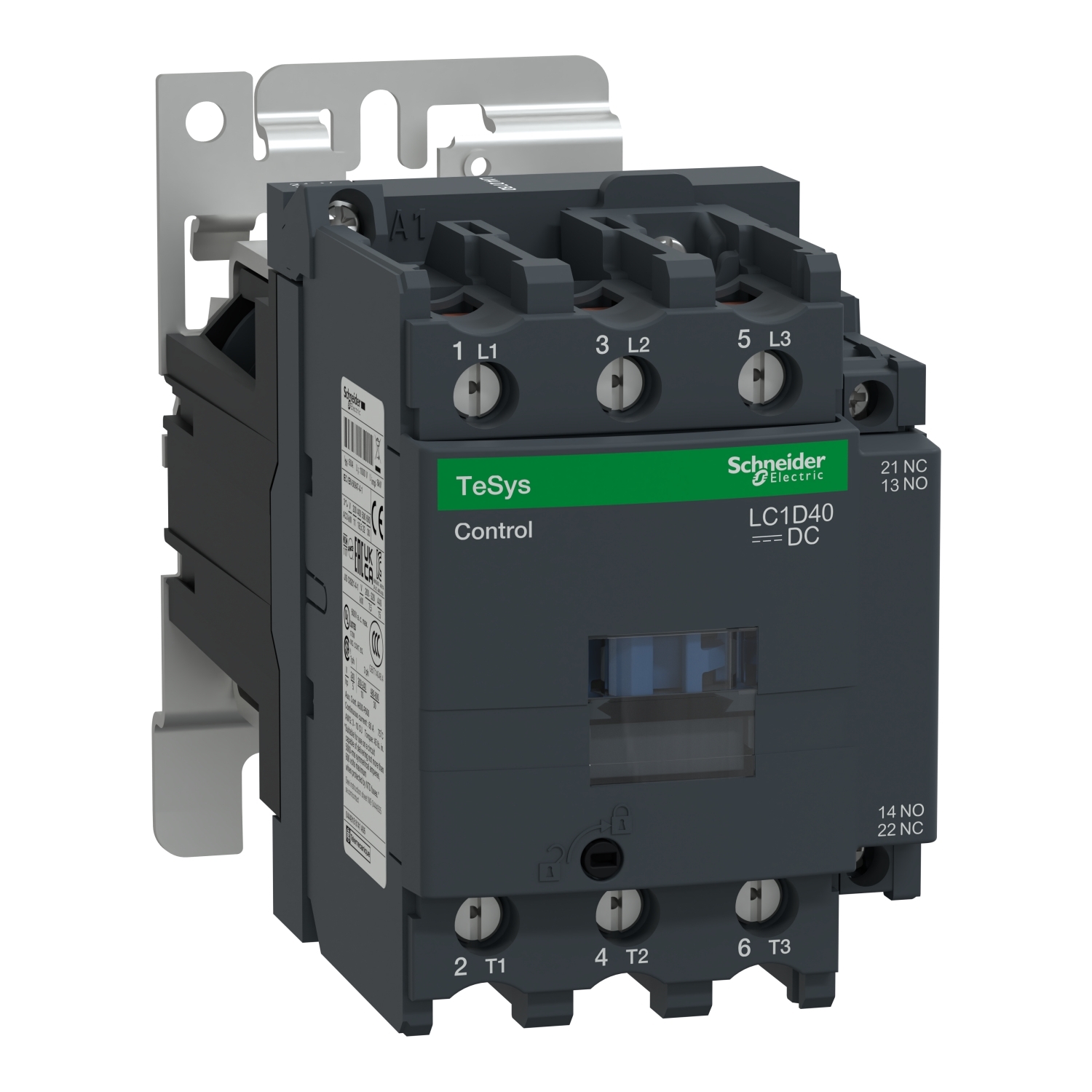 IEC contactor, TeSys D, nonreversing, 40A, 30HP at 480VAC, up to 100kA SCCR, 3 phase, 3 NO, 24VDC coil, open style