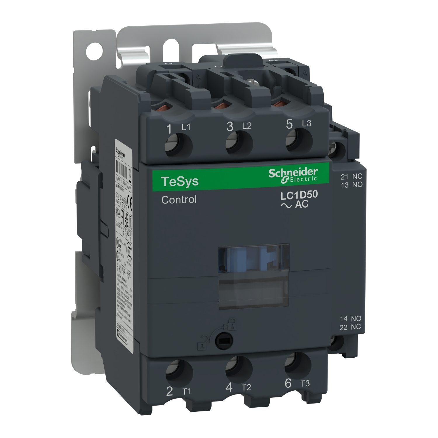 IEC contactor, TeSys D, nonreversing, 50A, 40HP at 480VAC, up to 100kA SCCR, 3 phase, 3 NO, 24VAC 50/60Hz coil, open