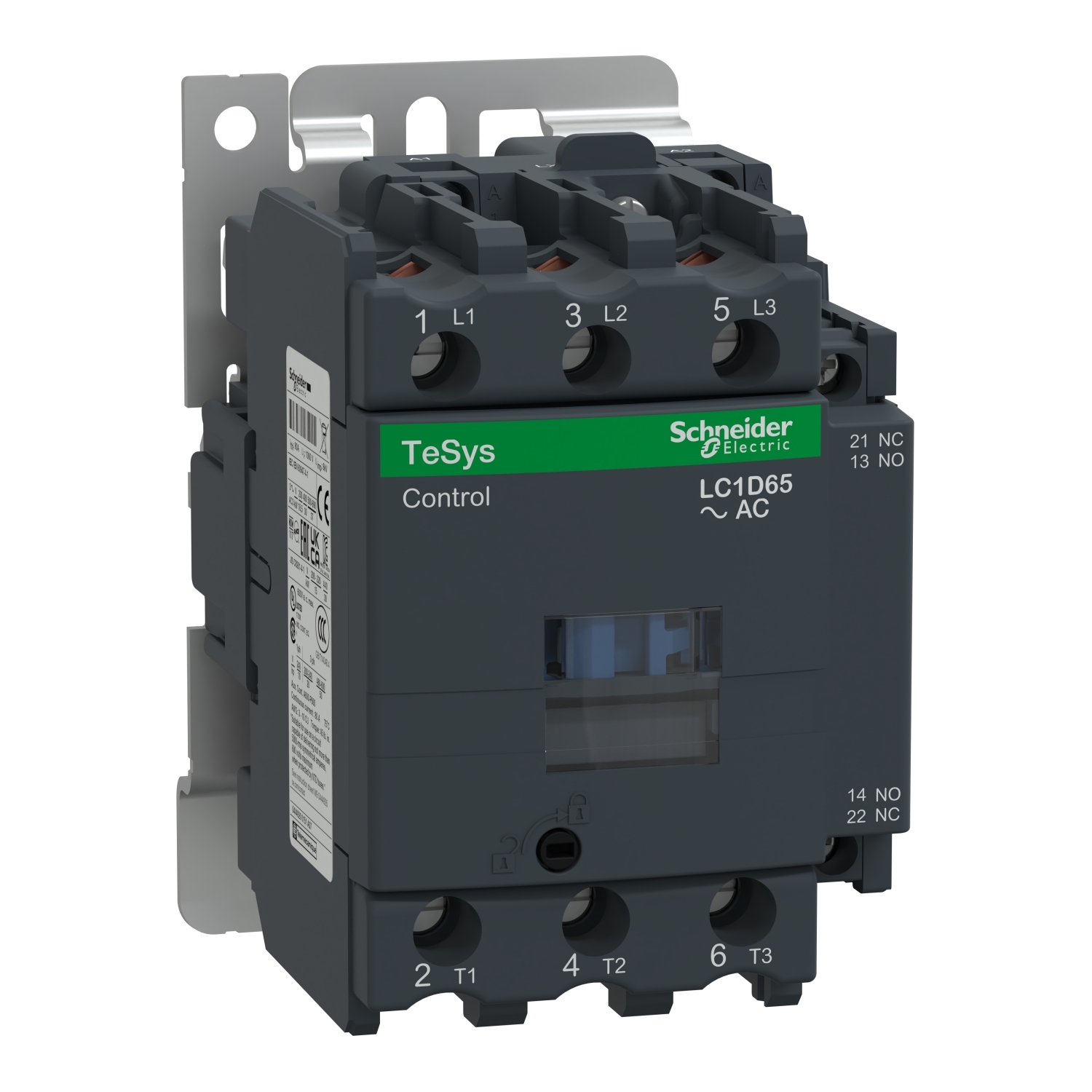 IEC contactor, TeSys D, nonreversing, 65A, 40HP at 480VAC, up to 100kA SCCR, 3 phase, 3 NO, 480VAC 60Hz coil, open style