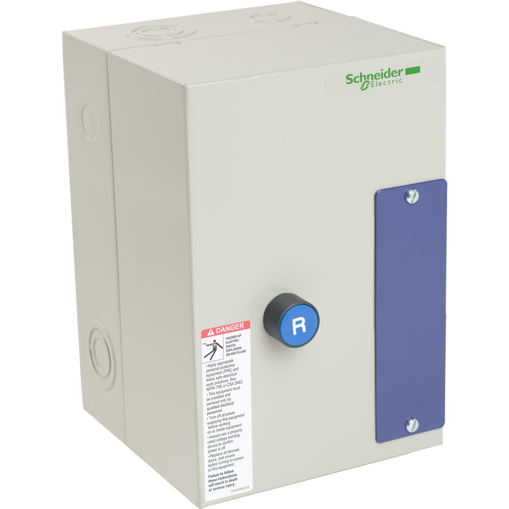 IEC Starter, TeSys LE1, full voltage non reversing, unfused, 9A, 5HP at 460VAC, 120VAC 50/60Hz coil, NEMA 1