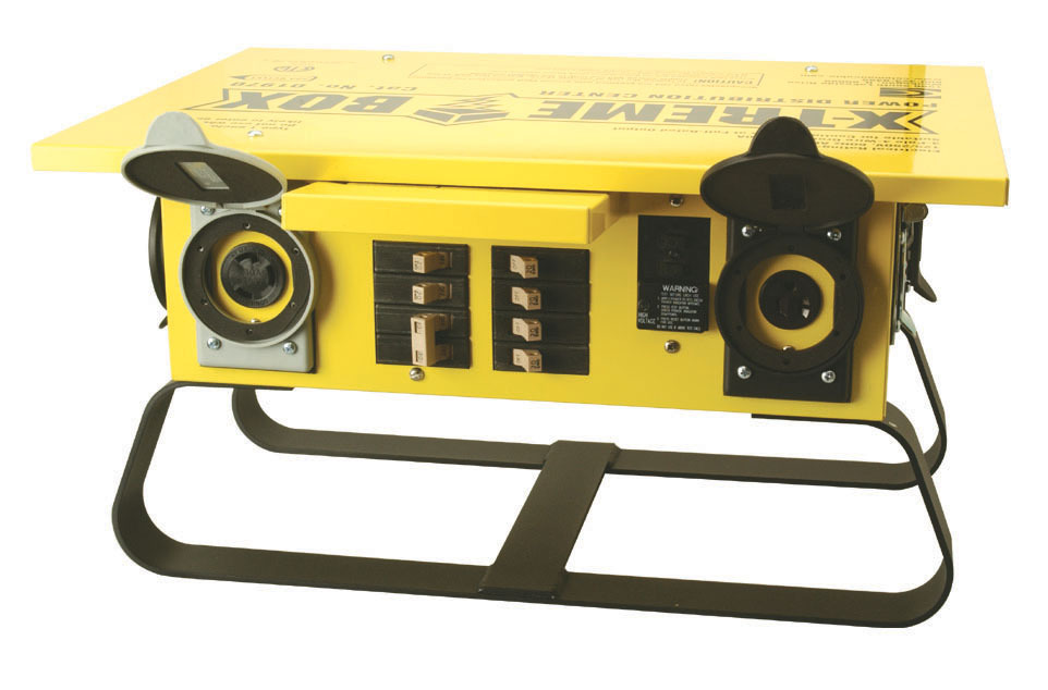 Traditional Single Phase Straight-Blade Temporary Power Distribution Box, 125/250V 50A 3P4W Input & Feed-Thru, 6 x 125V 20A 5-20 + 1 x 250V 30A L6-30 Receptacles