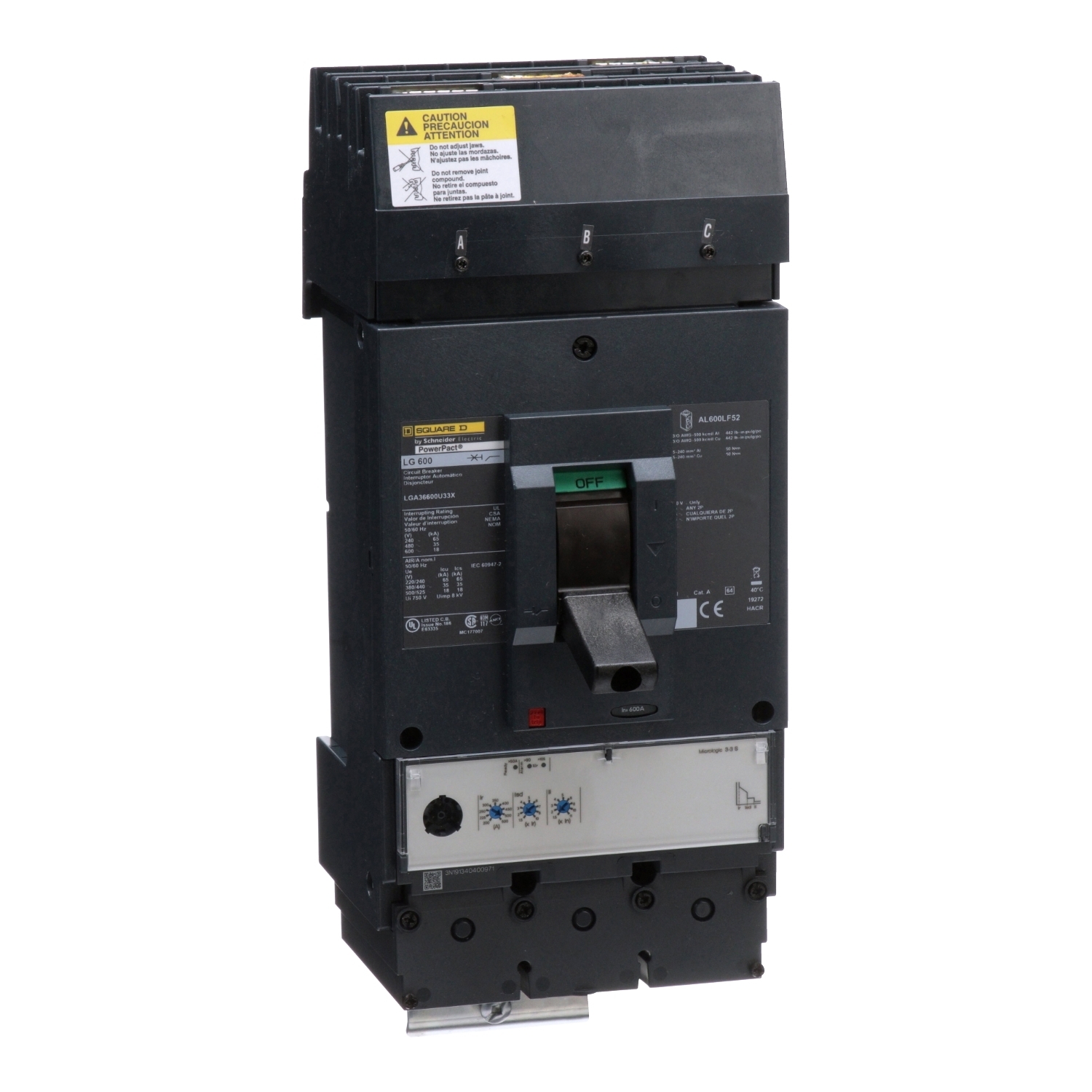 Circuit breaker, PowerPacT L, 600A, 3 pole, 600VAC, 18kA, I-Line, MicroLogic 3.3S, 80%, ABC
