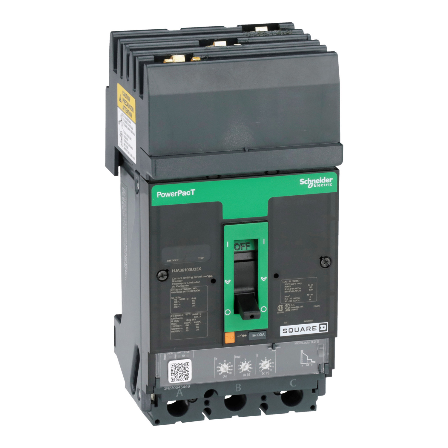 Circuit breaker, PowerPacT H, 100A, 3 pole, 600VAC, 25kA, I-Line, Micrologic 3.2S, 80%, ABC