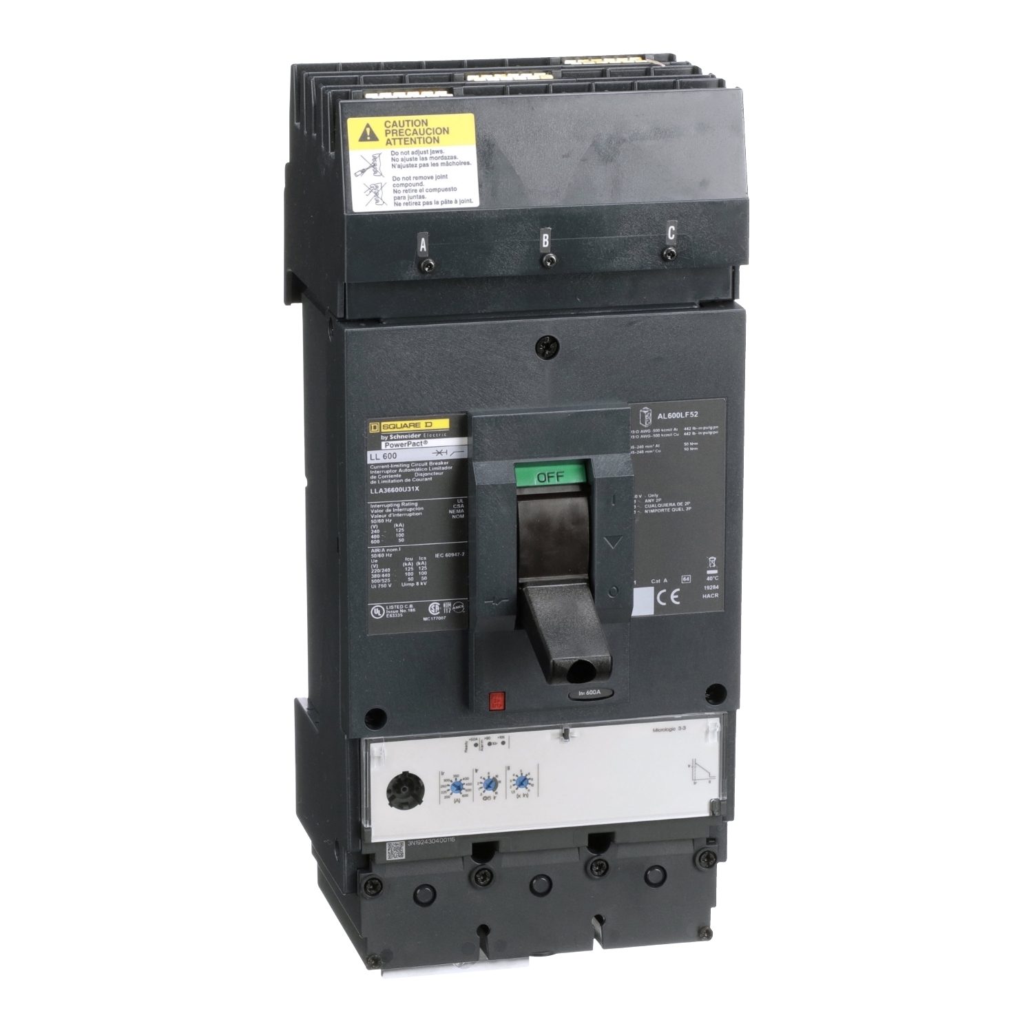 Circuit breaker, PowerPacT L, 600A, 3 pole, 600VAC, 50kA, I-Line, MicroLogic 3.3, 80%, ABC