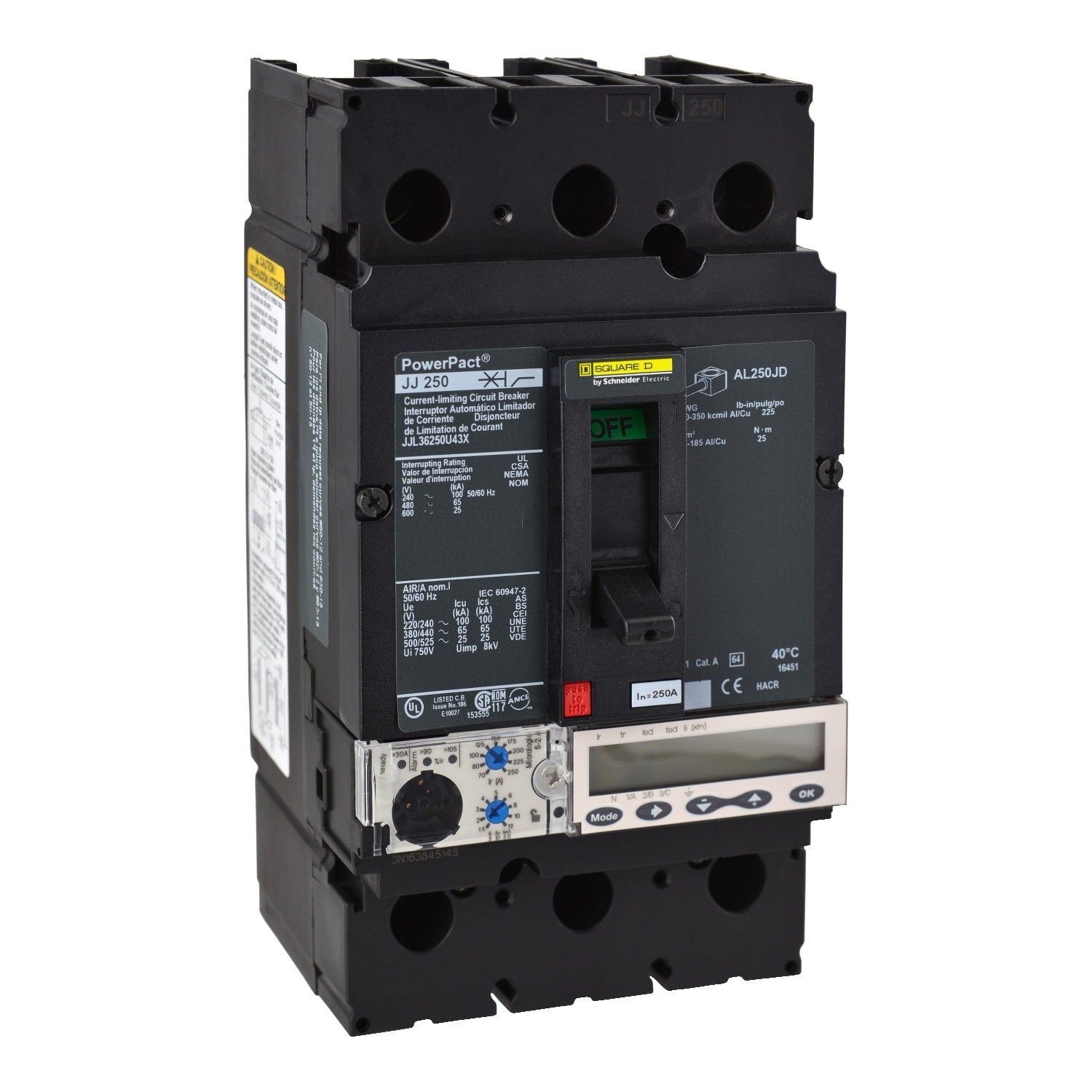 Circuit breaker, PowerPacT J, 250A, 3 pole, 600VAC, 25kA, lugs, Micrologic 5.2A, 80%