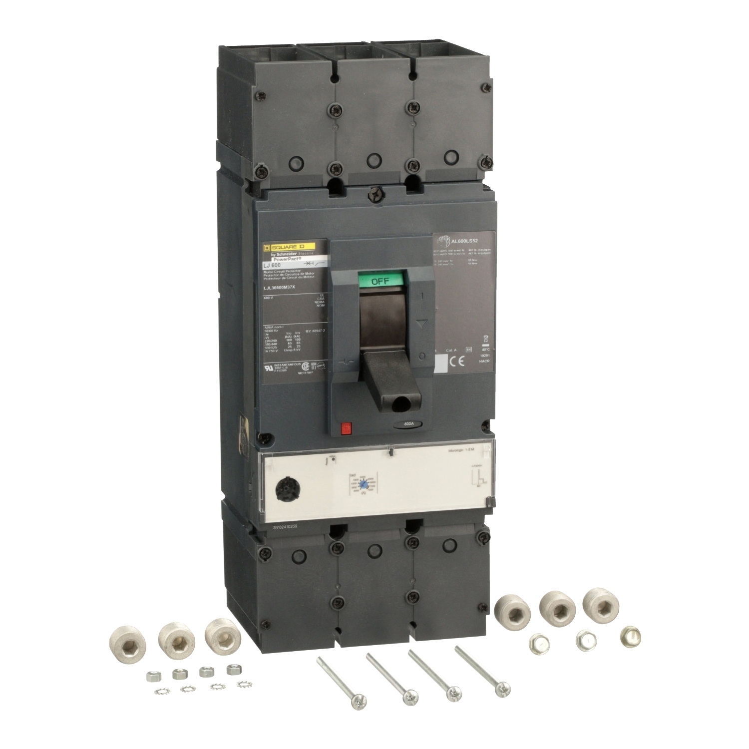 Motor circuit protector, PowerPacT L, 600A, 3 pole, 600VAC, 25kA, lugs, MicroLogic 1.3M, 80%