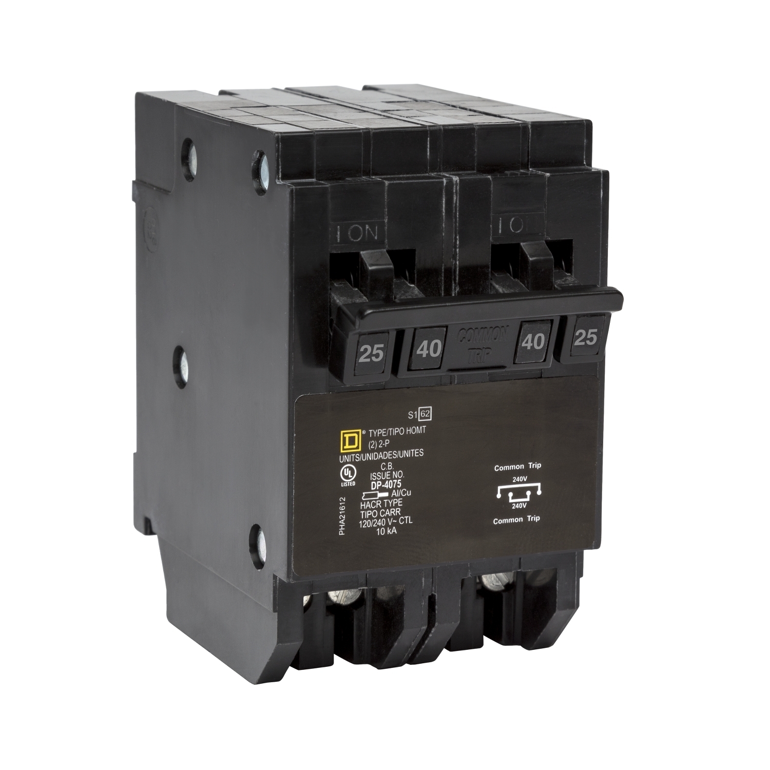 HOMT225240 Homeline Quad tandem circuit breaker, Homeline, 1 x 2 pole at 25A, 1 x 2 pole at 40A, 120/240VAC, 10kA AIR, plug in, UL