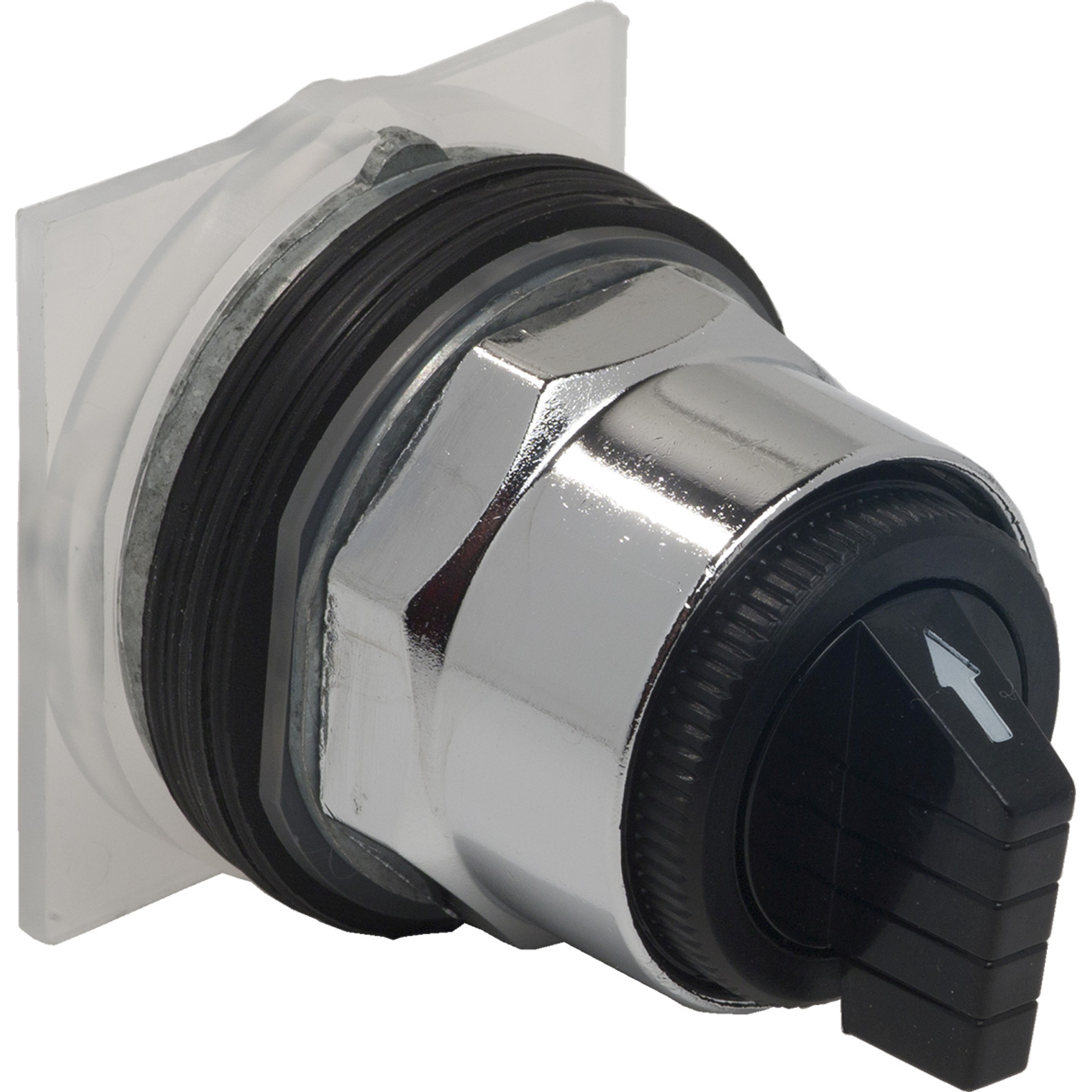 30mm push button, Type K, 3 position selector switch, 6A inductive at 120VAC, 2NO/2NC contacts, black knob, NEMA 4, 13