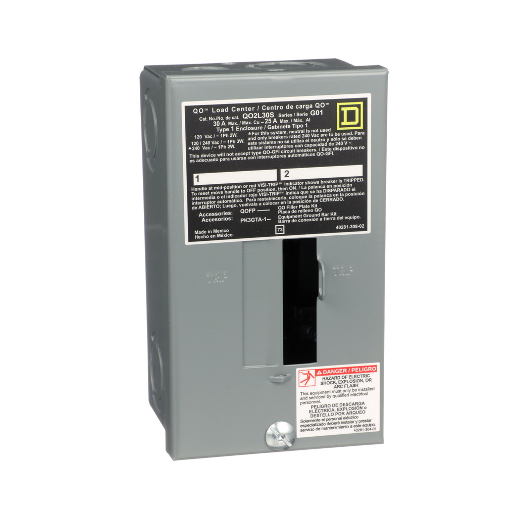 Load center, QO, 1 phase, 2 spaces, 2 circuits, 30A fixed main lugs, NEMA1, surface cover, UL, consumer pack