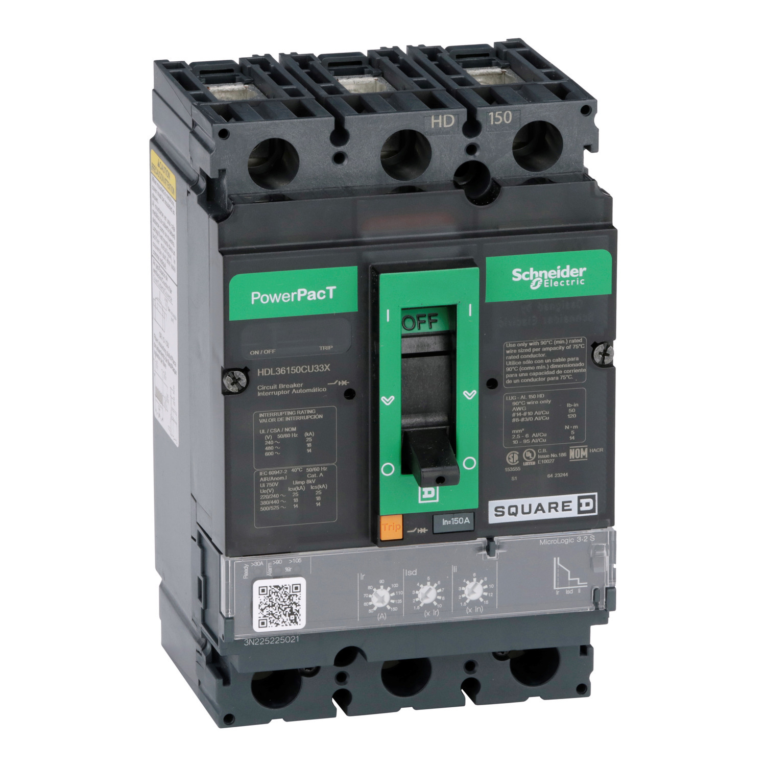 Circuit breaker, PowerPacT H, 150A, 3 pole, 600VAC, 14kA, lugs, Micrologic 3.2S, 100%