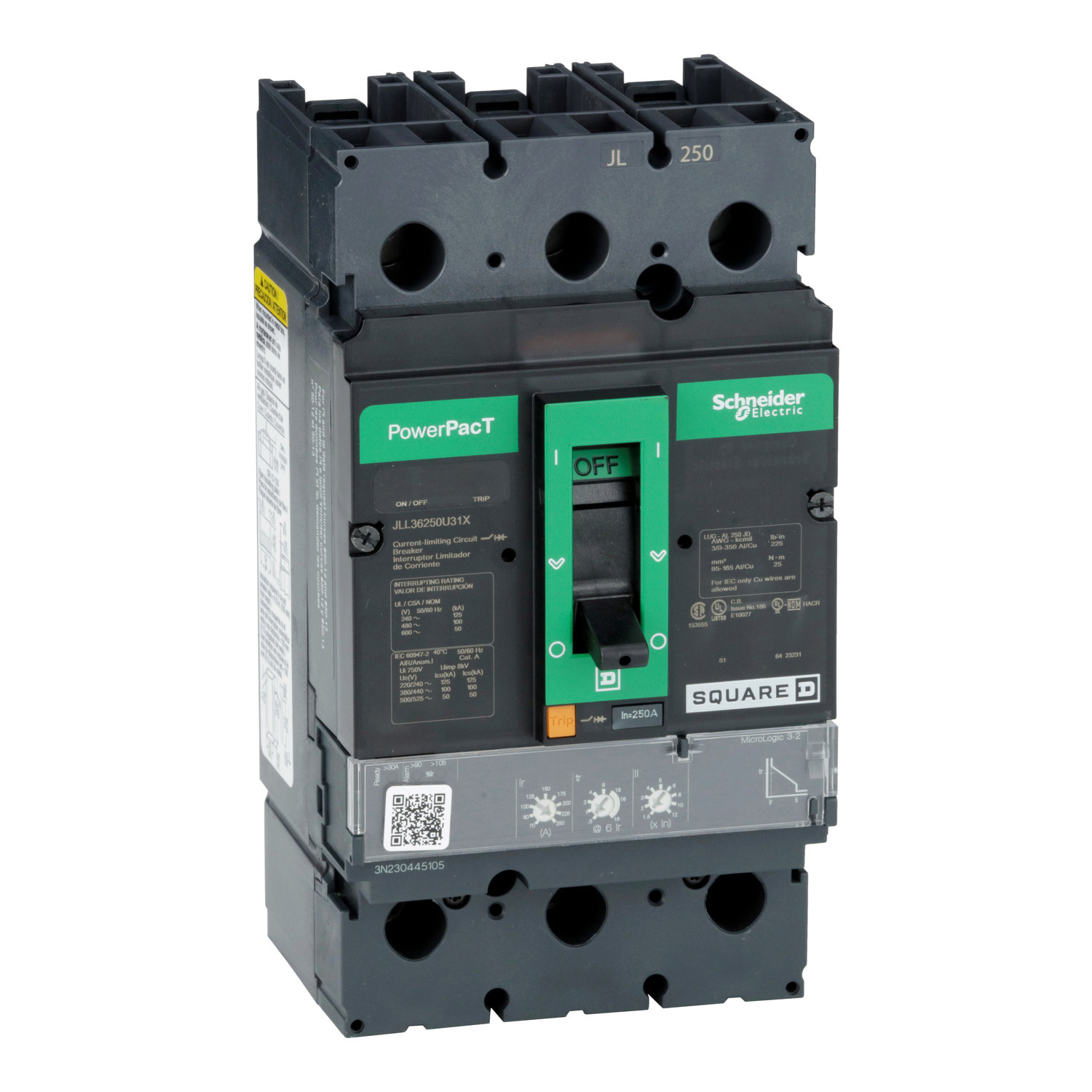 Circuit breaker, PowerPacT J, 250A, 3 pole, 600VAC, 50kA, lugs, Micrologic 3.2, 80%