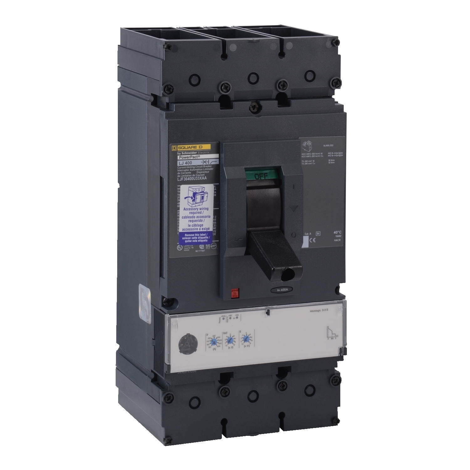 Circuit breaker, PowerPacT L, 400A, 3 pole, 600VAC, 25kA, busbar, MicroLogic 3.3S, 80%