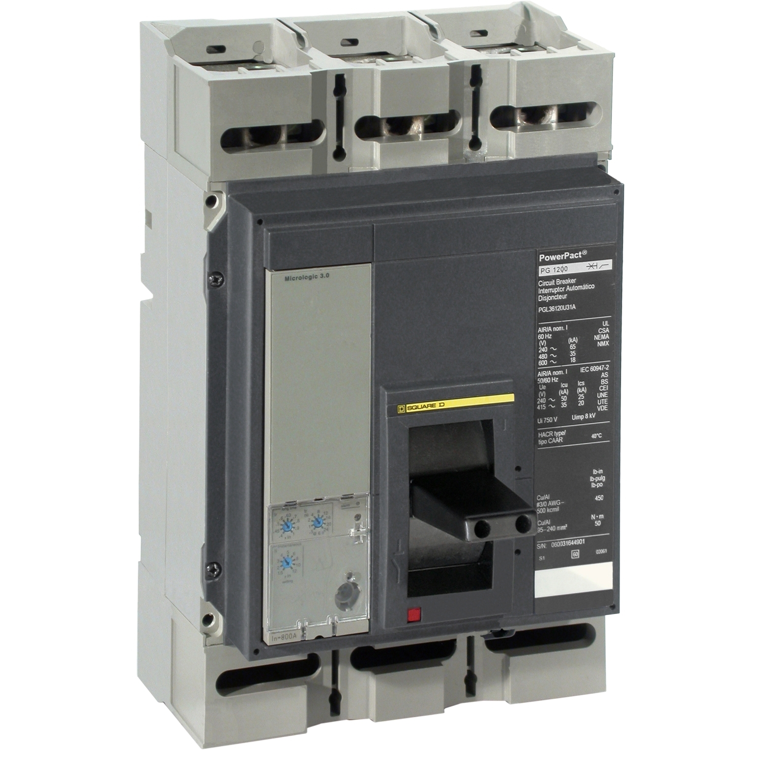 Circuit breaker, PowerPacT P, 800A, 3 pole, 480VAC, 100kA, lugs, Micrologic 3.0, 80%
