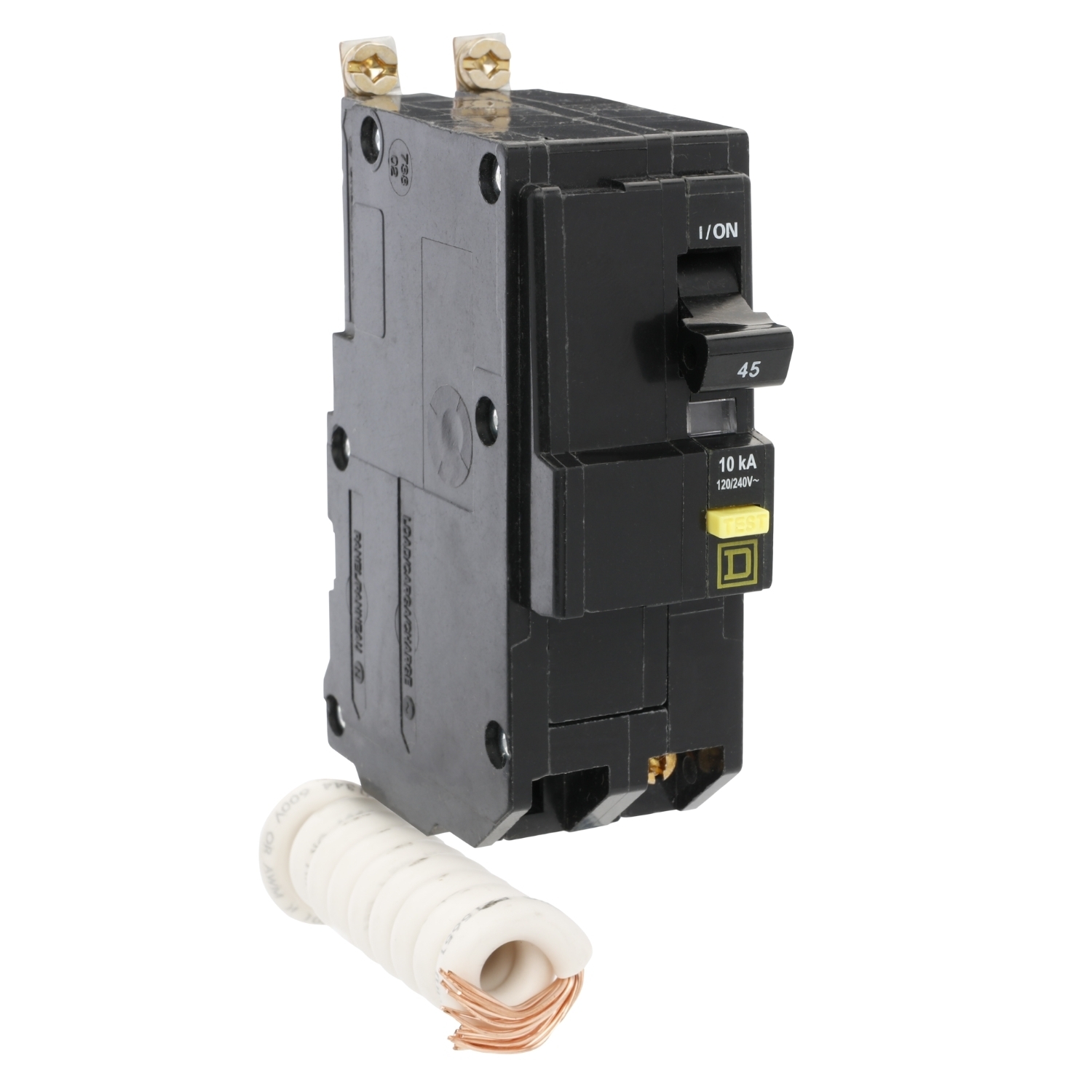 Mini circuit breaker, QO, 45A, 2 pole, 120/240VAC, 10kA, bolt on, 6mA grd fault A, pigtail