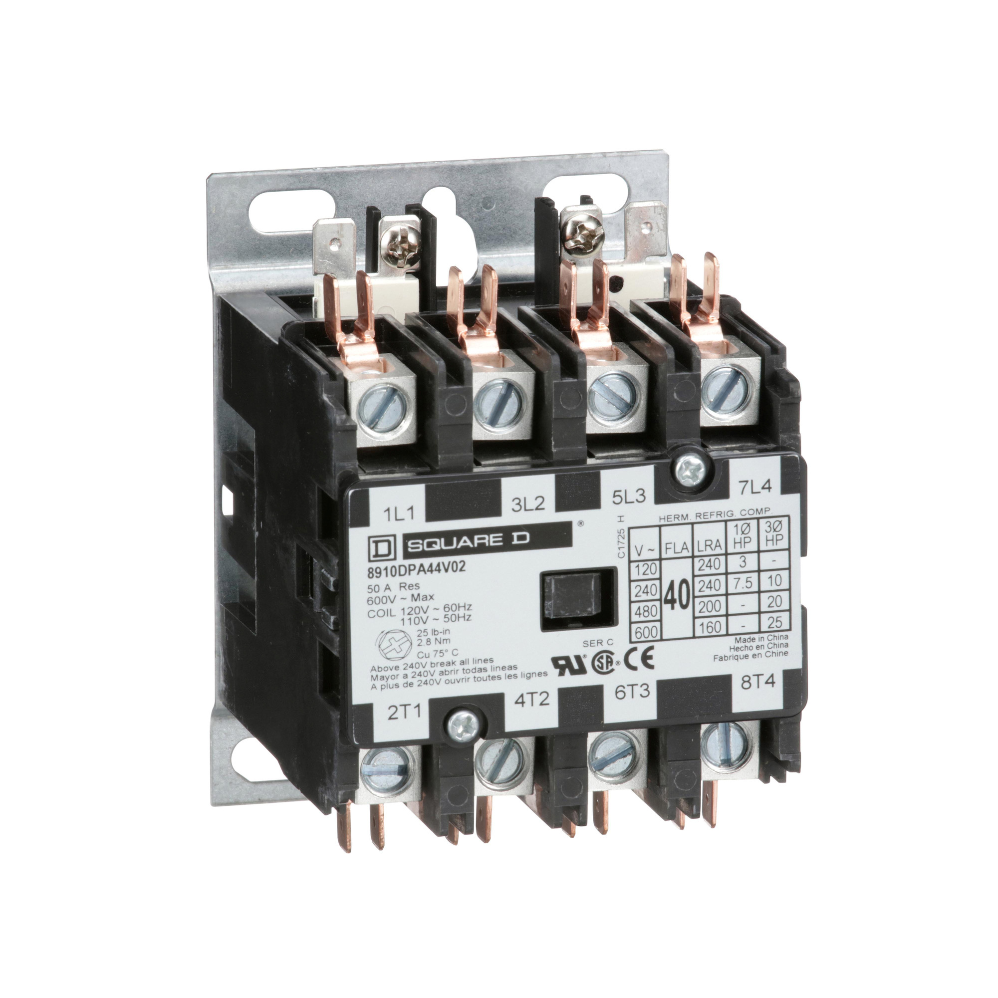 Contactor, Definite Purpose,  25A, 4 pole, 20 HP at 575 VAC, 3 phase, 208/240 VAC 60 Hz 220 VAC 50 Hz coil, open