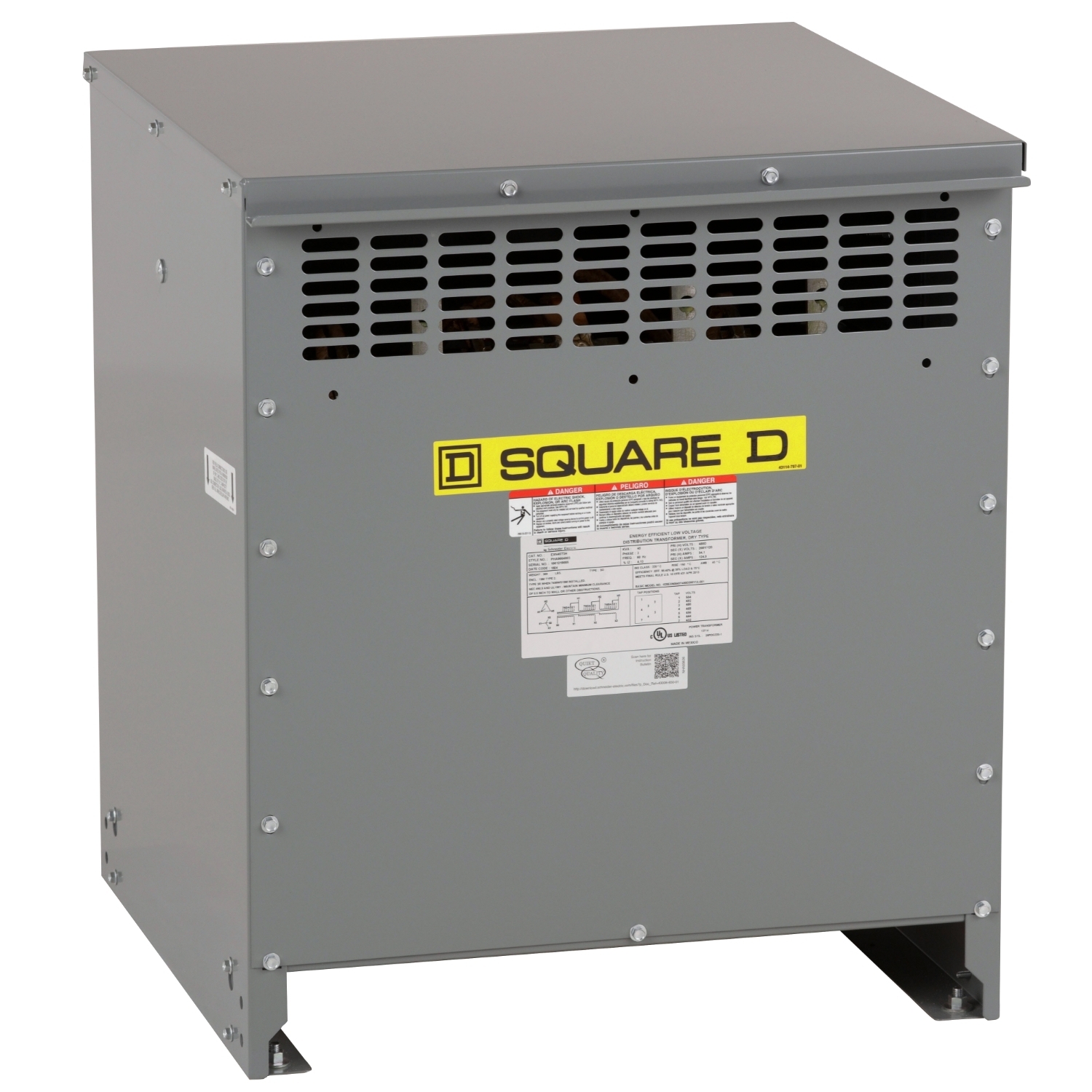 Transformer, dry type, DOE 2016, 45kVA, 3 phase, 480V delta primary, 208Y/120V secondary, 19M, 115C rise, Cu