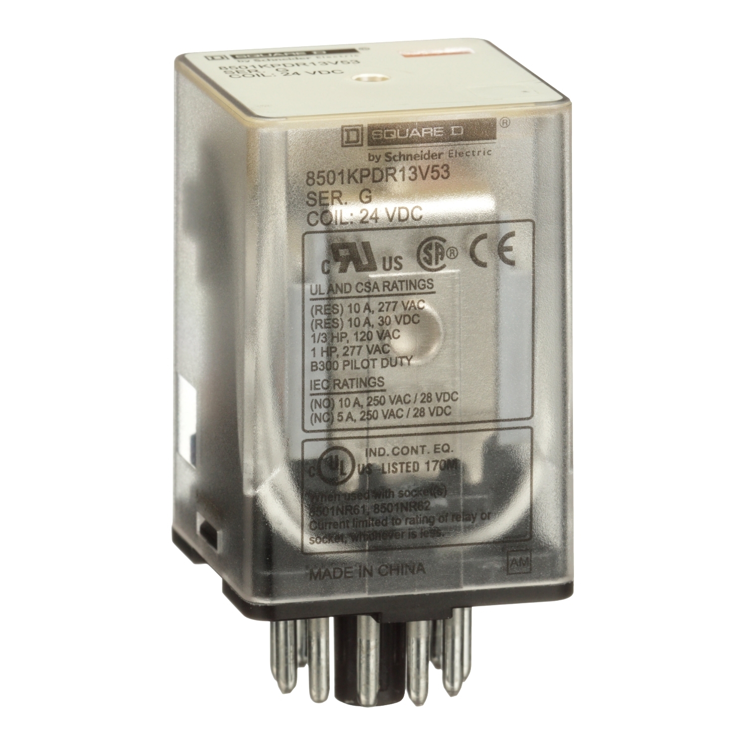 Plug in relay, Type KP, tubular, 1 HP at 277 VAC, 10A resistive at 120 VAC, 11 pin, 3PDT, 3 NO, 3 NC, 24 VDC coil