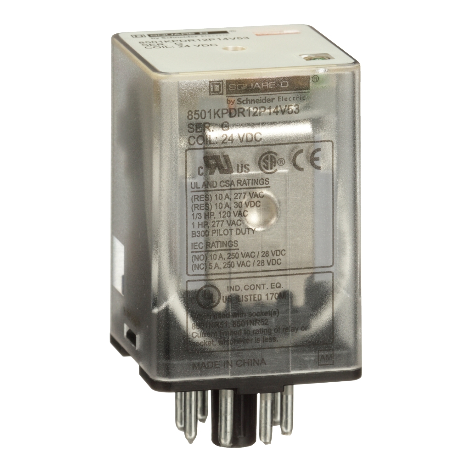 Relay, Harmony 8501K, DPDT, 8 pins, LED, coil, 24V DC, 10A resistive at 120V AC, 1 HP at 277V AC, 2NO + 2NC