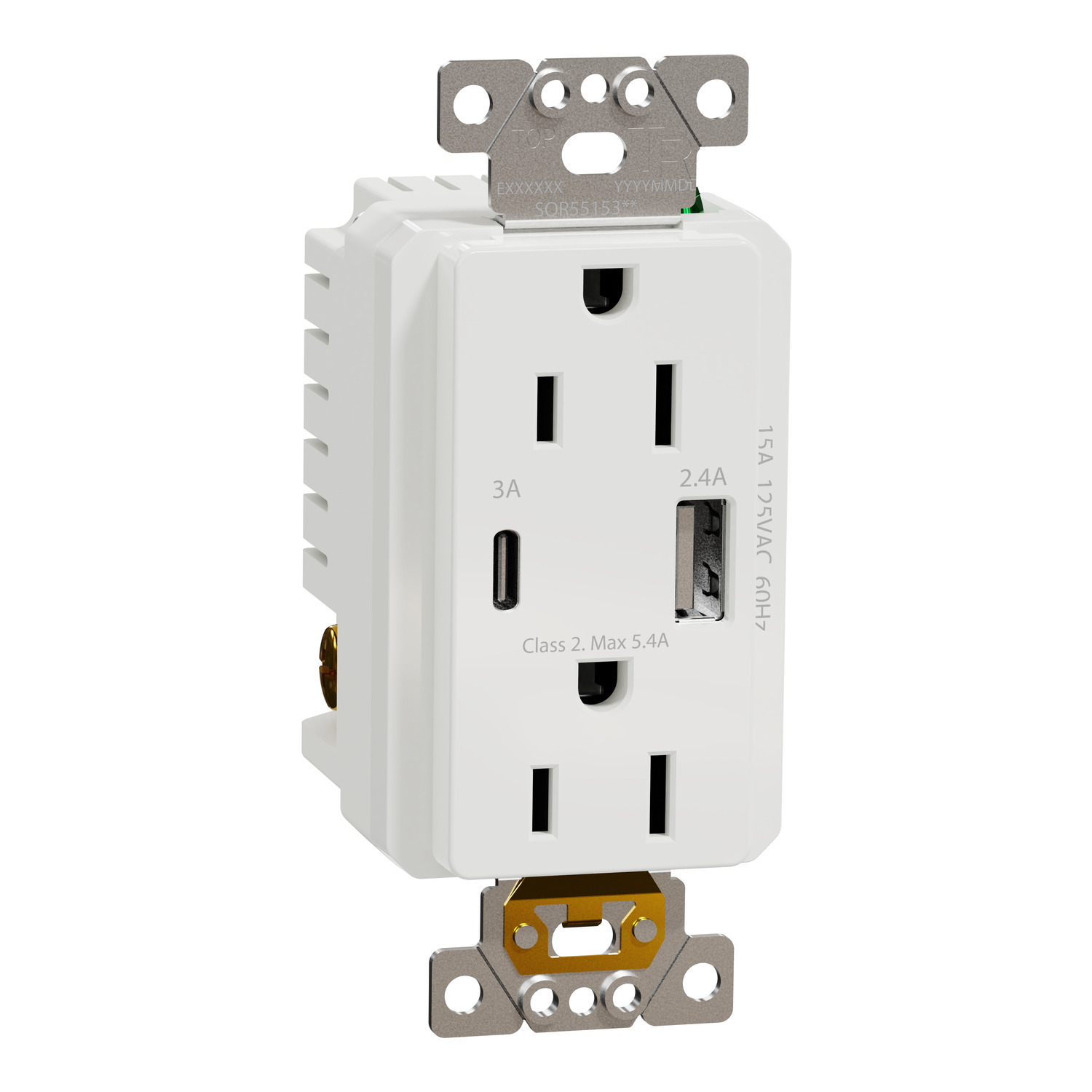 USB charger + socket-outlet, X Series, 15A socket, 5.4A USB A/C, duplex, tamper resistant, white, matte finish