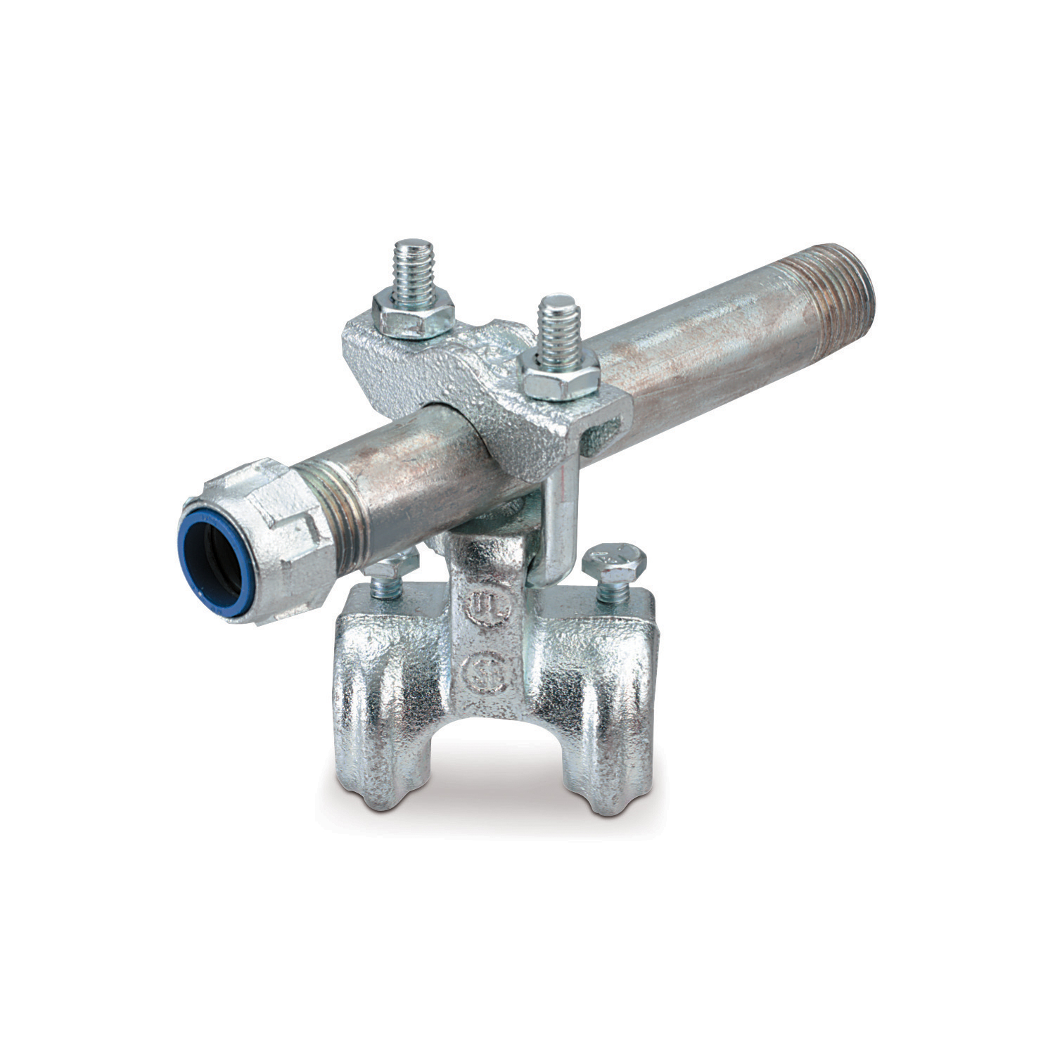 Malleable iron conduit to cable tray swivel clamp. Conduit size 1/2 inch - 2 inch.