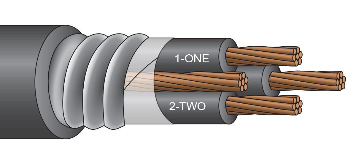 4/3 XHHW-2 AAP BCG Class B stranded copper, insulated with heat and moisture resistant crosslinked polyethylene (type XHHW-2), phase identified and cabled together with a ,bare copper ground conductor,.  Cable core covered with binder tape and aluminum or galvanized steel interlocked armor, with an overall PVC jacket.  Jacket available in colors.