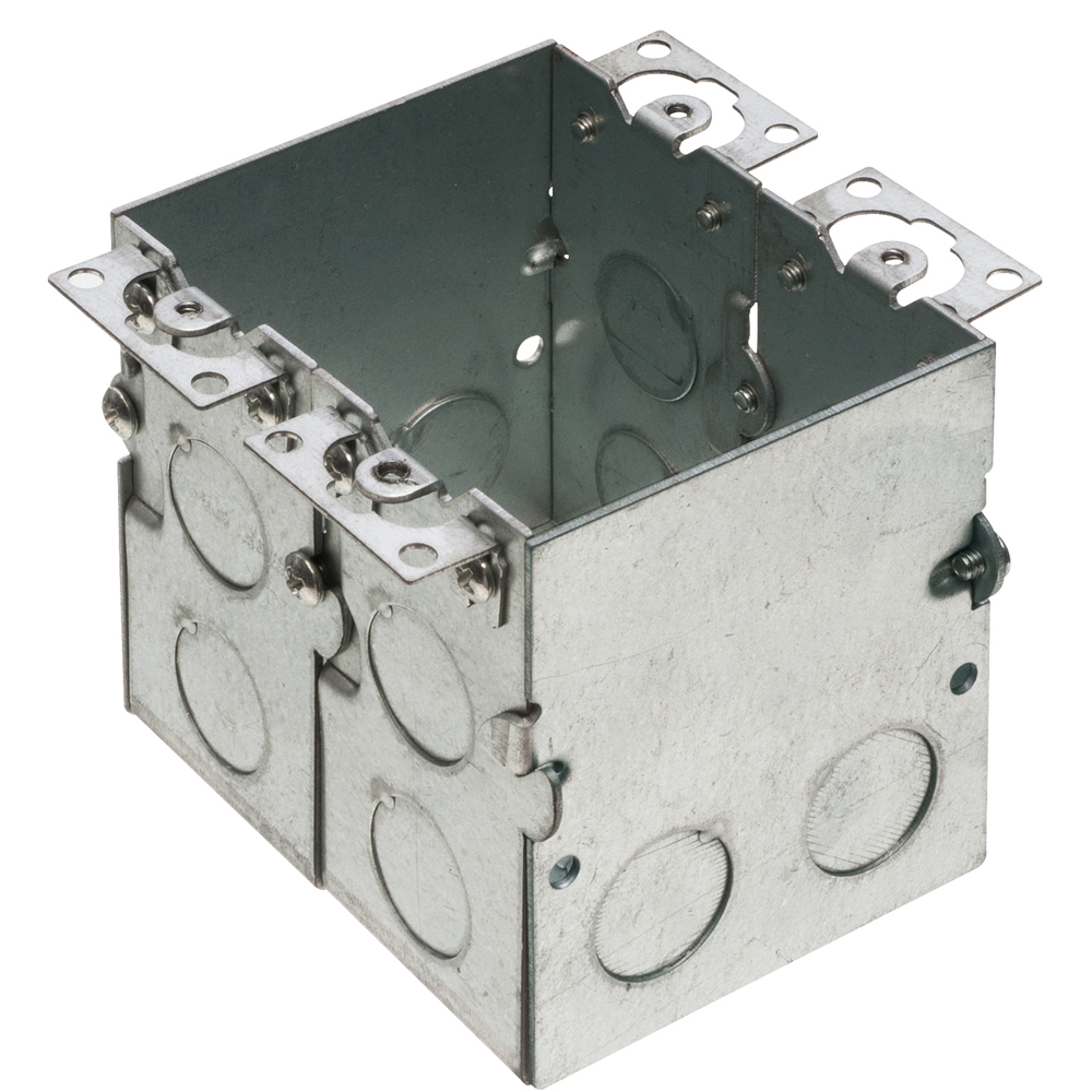 Steel two gang floor box, features (14) 1/2" knockouts. 36.0 cu. in.