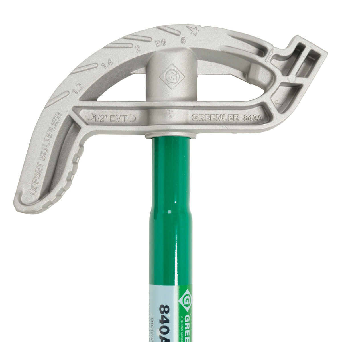 Site-Rite Aluminum Hand Bender Head with Handle for 1/2" EMT.  Sighting system featuring cast-in, readable markings on the bender heads and a finish that provides for the best visibility in low-light.  Strong, stable square hook design.  1-1/2" bender heads both offer the power pedal feature with a larger foot area on the head for greater control, stability and leverage.  Bender head has enlarged foot pedal and increased toe room to ensure greater control, stability and leverage.  Bender handle has a consistent diameter, offering a bigger grip area, while still straight up and down for fast 30 degree bends.  Lifetime Limited Warranty.