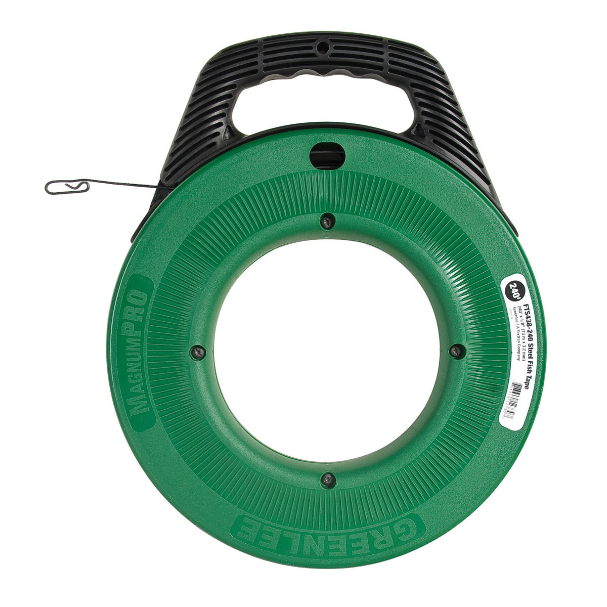 MagnumPRO Oil-Tempered Spring Steel Replacement Fish Tape 240'  x 1/8" (73.2m x 3.2mm) with Case (3 Pack).  Rugged case design improves drop impact capability.  Oil-tempered spring steel for excellent fishing performance.  Advanced comfort handle grip reduces fatigue.  Superior rapid tape pay-out and rewind.   Improved low profile tip for easy fishing through all sizes of conduit.  Viewing port gives visibility to remaining tape and ability to remove job site debris quickly.