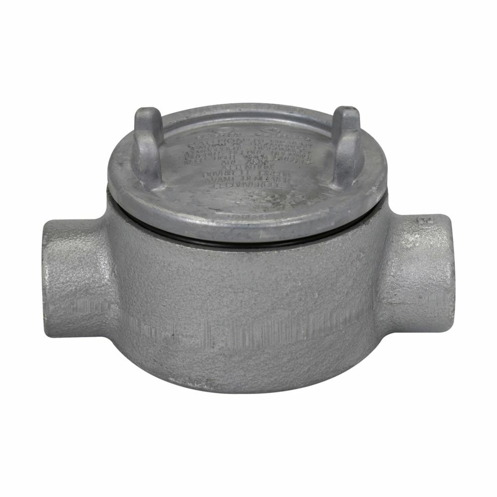 Eaton Crouse-Hinds series Condulet GUA conduit outlet box with cover, 5" cover opening diameter, Feraloy iron alloy, C shape, 1-1/2"