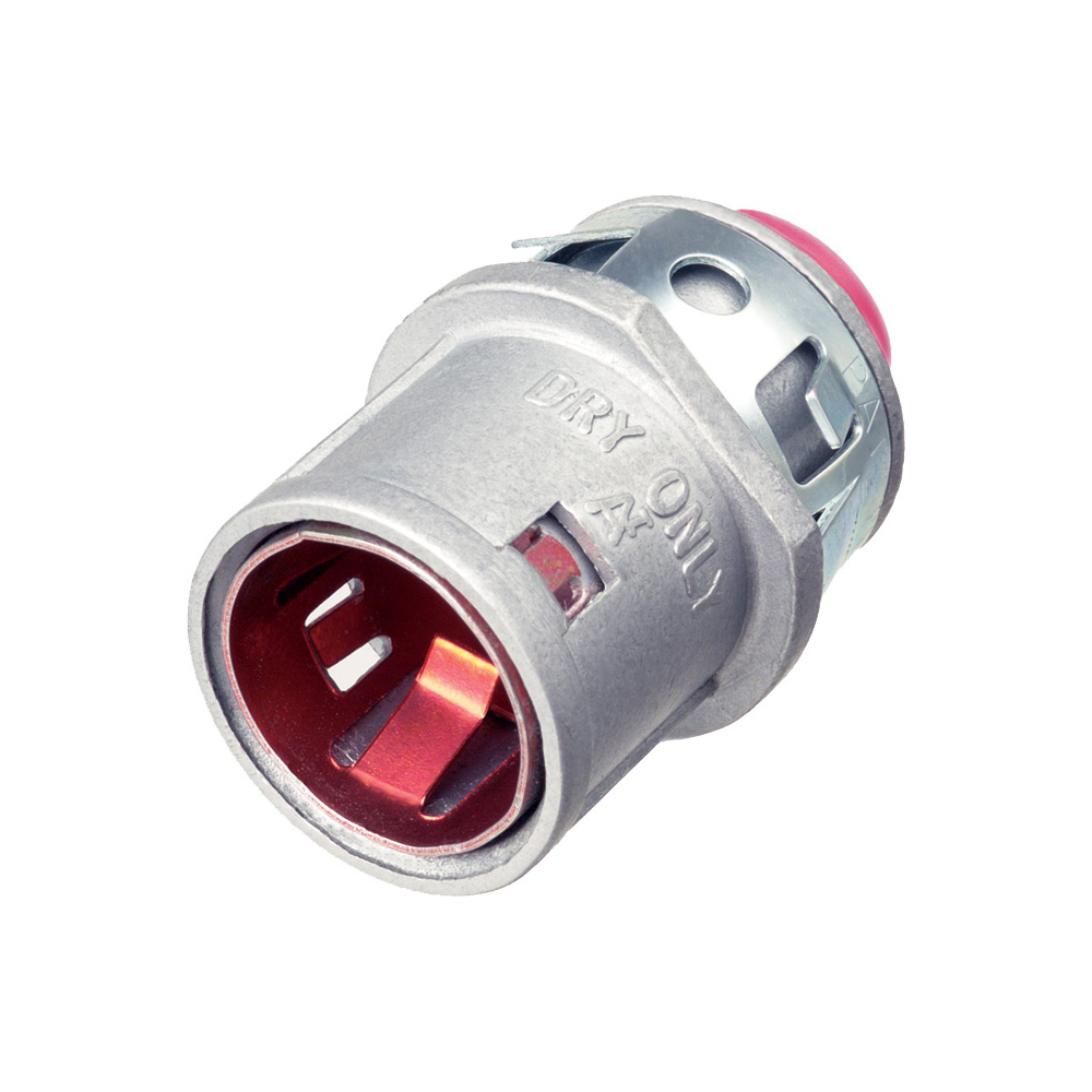Zinc die-cast, 1/2" Knockout MC cable connector snaps quickly on to the conduit with an internal spring steel clip and then snaps into knockout with external spring steel clip, no tools required. Concrete tight when taped. Red tinted internal clip indicates easier insertion of conduit and comes with Insulated throat.