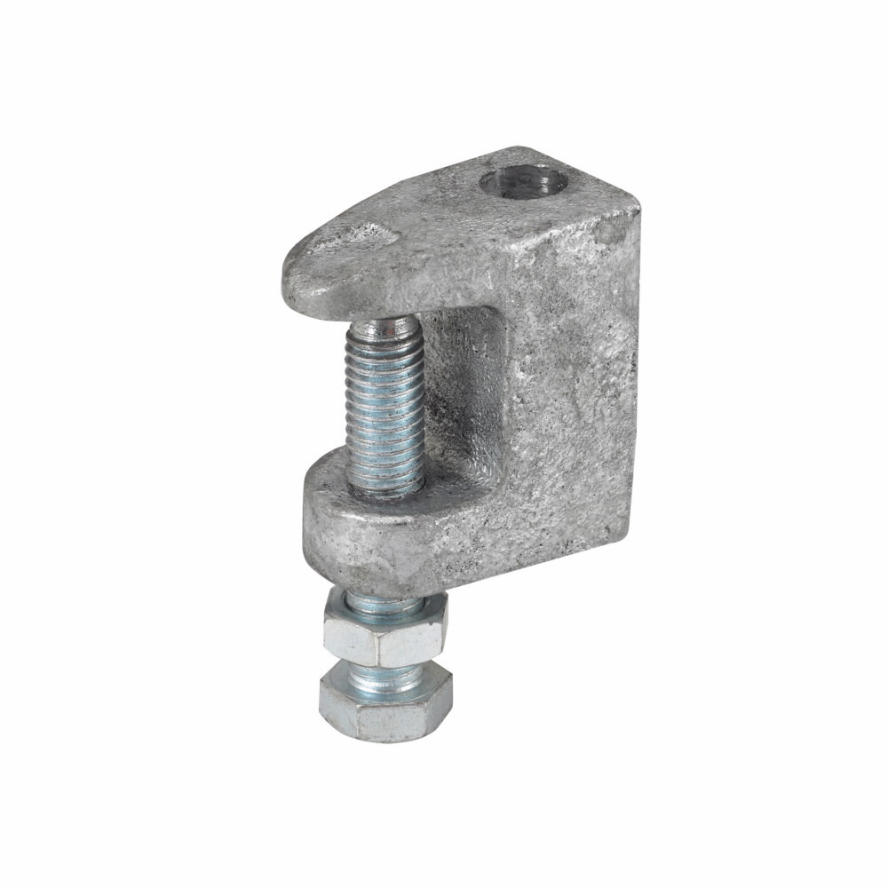 Eaton B-Line series beam clamps, 500 lb, Malleable iron, Safety factor of 5, setscrew and locknut included, Reversible wide jaw wedge c-clamp, 3/8-16 thread/rod size, Hot-dipped galvanized
