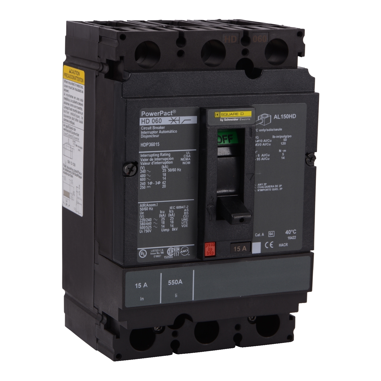 Circuit breaker, PowerPacT H, 100A, 3 pole, 600VAC, 14kA, lugs, thermal magnetic, 80%