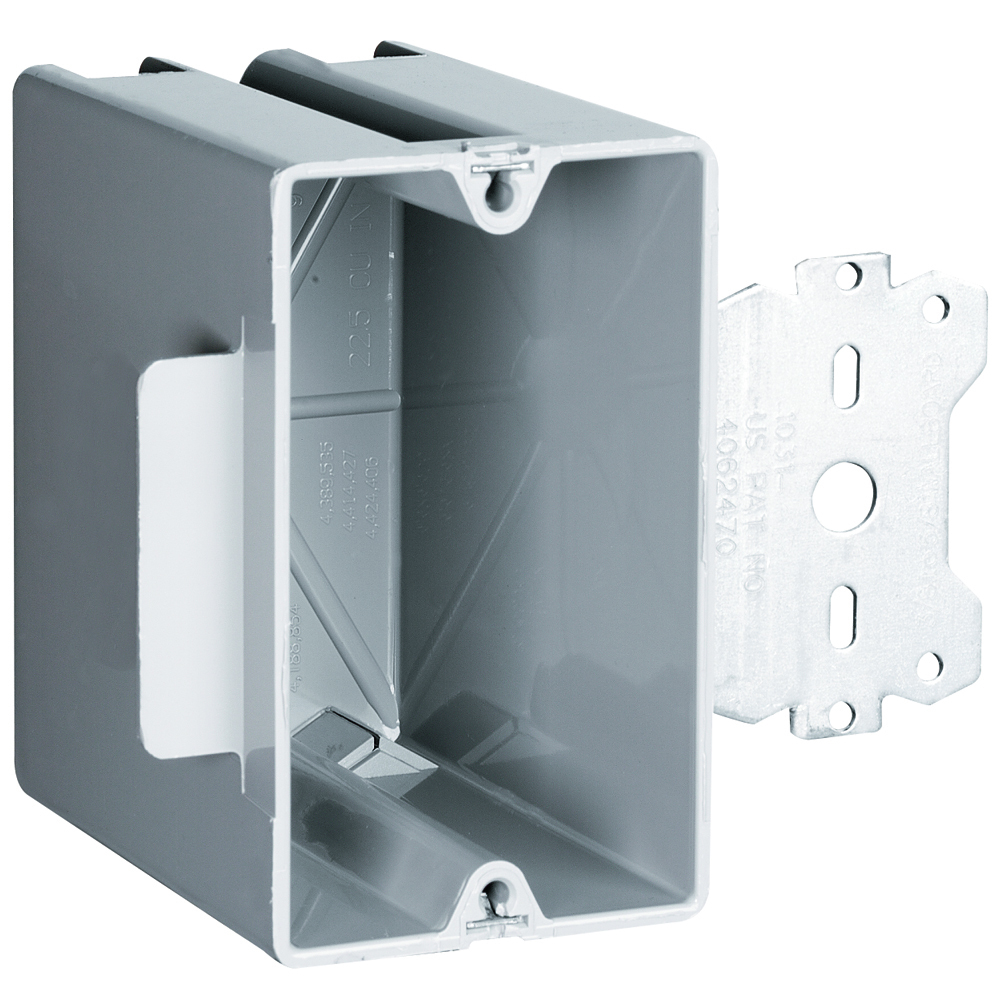 Single Gang, Deep Bracket Box for Wood and Steel Studs with Quick/Click Entries. 3/8 offset for wood and steel stud mounting. For use with 3/8 to 5/8 wallboard. 100 pack.