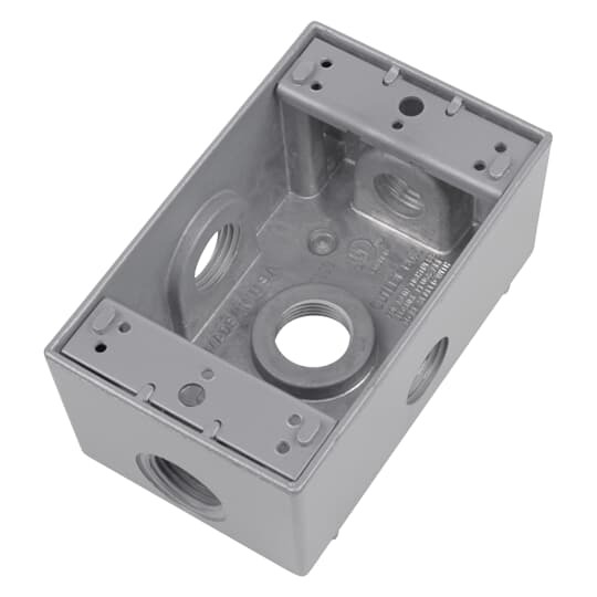 Single Gang Universal Weatherproof Box, 17.3 Cubic Inches, Hub Size 1/2 Inch, Silver, Aluminum, 5 Outlets (2-Sides) with 1 on Top, Bottom, Both Sides, and Back