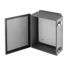 Eaton B-Line series JIC panel enclosure, 6" height, 3" length, 4" width, NEMA 12, Hinged cover, 12CHQRC enclosure, Wall mount, Small single door, External mounting feet, Carbon steel, Seamless poured in-place gasket