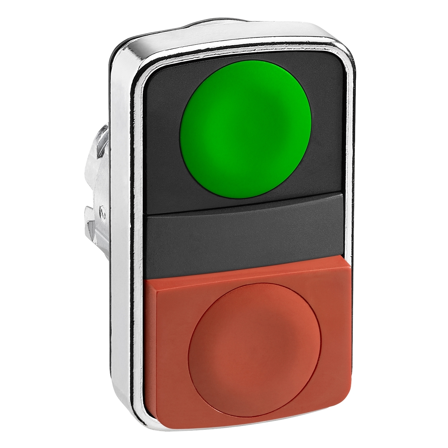 Head for double headed push button, Harmony XB4, metal, 22mm, 1 green flush unmarked+1 red projecting unmarked
