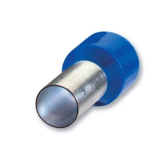 Polypropylene-Insulated Ferrule, Total Length 1.142 Inches/29mm, Pin Length .708 Inches/18mm, Pin Diameter .236 Inches/6mm, Base Diameter .346 Inches/8.8mm, Wire Range 6 AWG/16.00mm2, Color Blue, Copper, Tin Plated