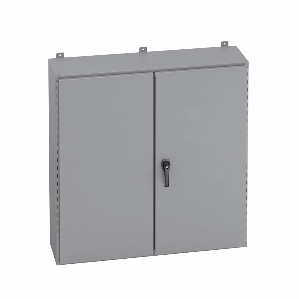 Eaton B-Line series wall mounted panel enclosure, 48" height, 12" length, 48" width, NEMA 12, Hinged cover, 12D enclosure, Wall mount, Medium double door, External mounting feet, Carbon steel, Oil-resistant gasket