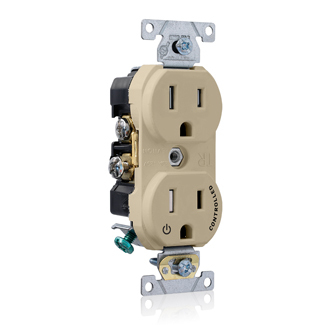 Tamper Resistant Duplex Receptacle, 2-Pole 3-Wire, NEMA 5-15R, 15A-125, ivory, Back And Side Wired, Commercial Spec Grade, Hot Terminal Split W/1 Plug Controlled Markings Universal Marking Orientation