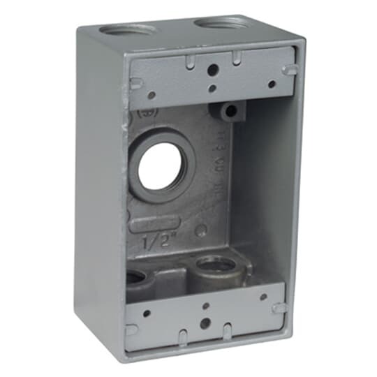 Single Gang Universal Weatherproof Box, 17.3 Cubic Inches, Hub Size 3/4 Inch, Silver, Aluminum, 5 Outlets, Two on Top, and Bottom and One on Back, with Mounting Lugs