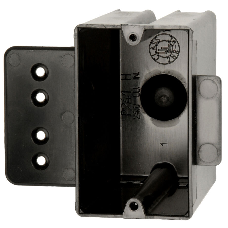 FlexBox; 1-Gang Switch/Outlet Box; Molded-in Side Mount Hanger Bracket, "HL" Hanger, 3-9/16 Inch Depth, Thermoplastic, 24 Cubic-Inch, Black