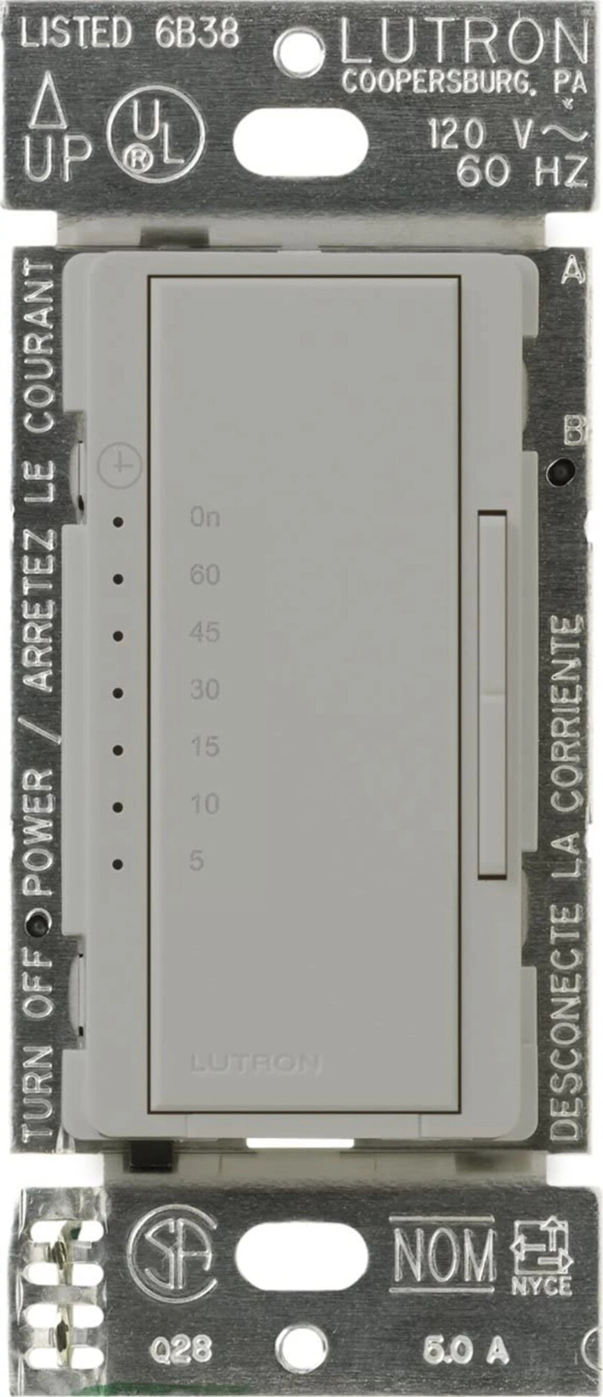 Maestro Countdown Timer, Multi-location/single-pole, neutral required, 120V/600W/VA (5A) in gray