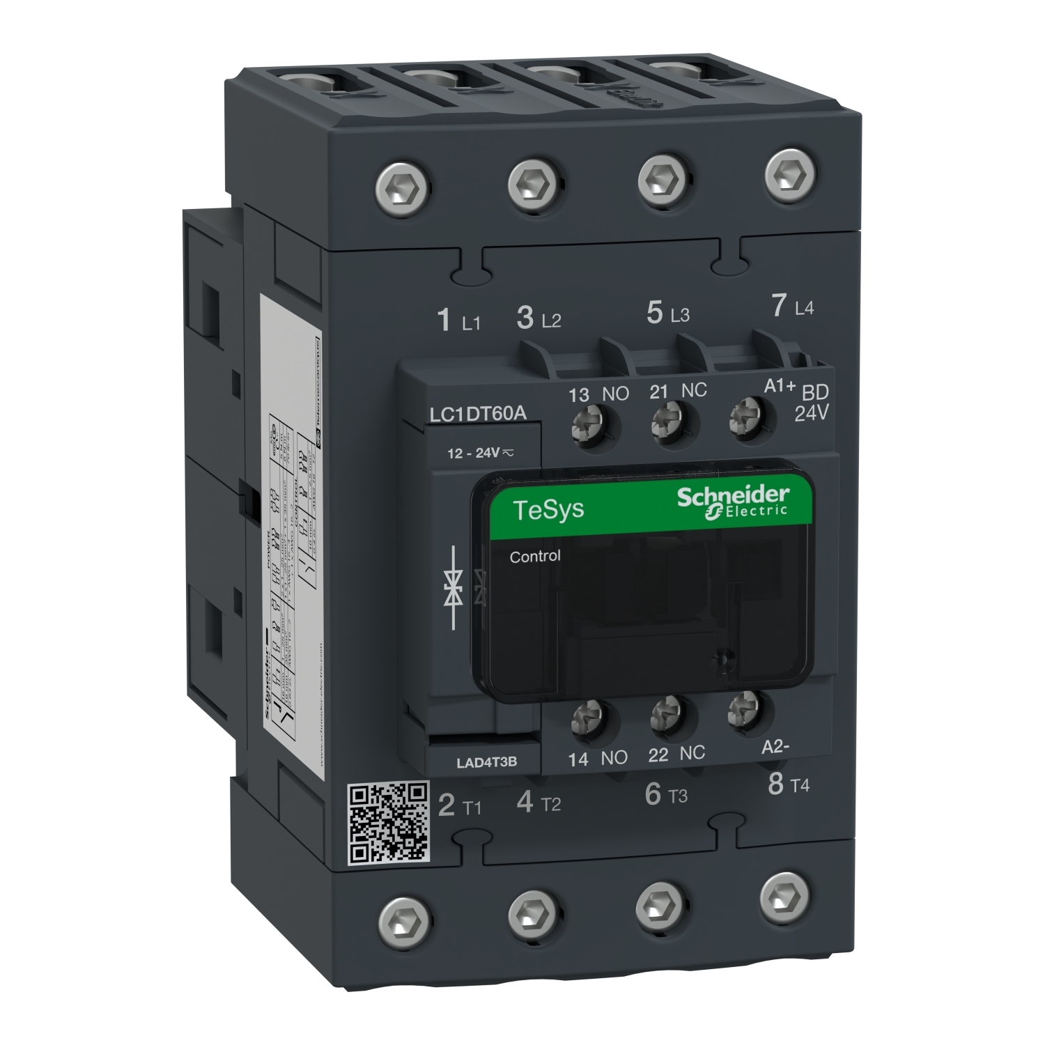 IEC contactor, TeSys Deca, nonreversing, 60A resistive, 4 pole, 4 NO, 24VDC coil, open style