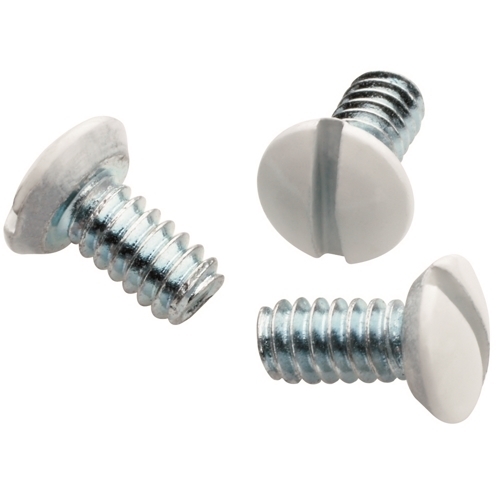 Oval head milled slot 1/2 long, 6x32 thread. Standard size for duplex receptacles and toggle switch wall plates. White.