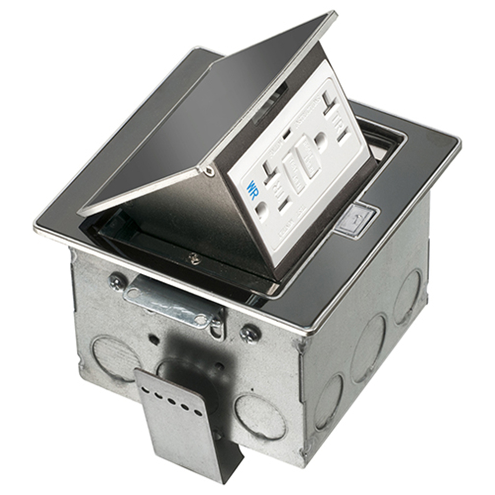 Square Stainless steel counter top box. Comes with a 20 amp tamper resistant decorator style GFCI receptacle. Color Black.