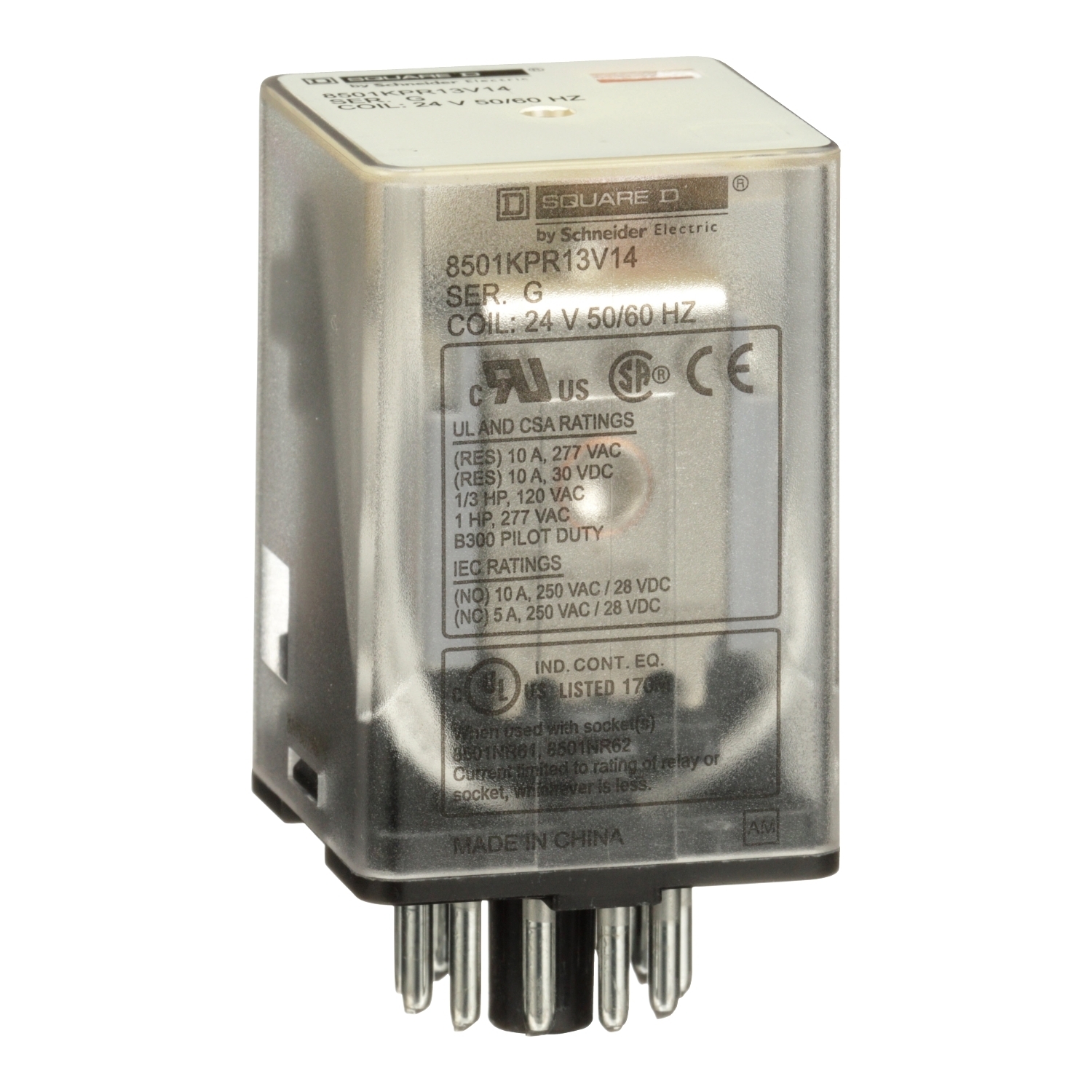 Plug in relay, Type KP, tubular, 1 HP at 277 VAC, 10A resistive at 120 VAC, 11 pin, 3PDT, 3 NO, 3 NC, 24 VAC coil