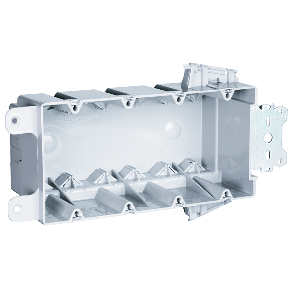 FourGang, Wood and Steel Stud Bracket Box with Quick/Click. 3/8 offset for wood and steel stud mounting. Rear stabilizing bar virtually eliminates inward movement. Six Auto/Clamps at each end. For use with 3/8 to 5/8 wallboard. 25 pack.