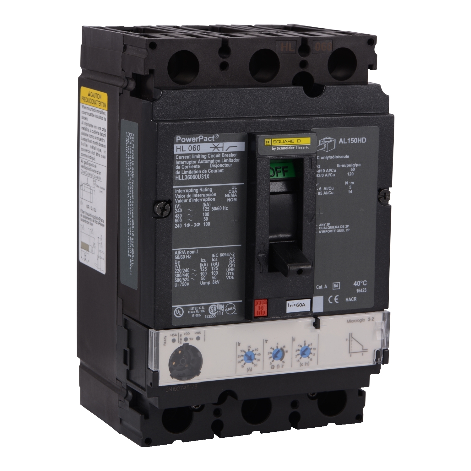 Circuit breaker, PowerPacT H, 150A, 3 pole, 600VAC, 50kA, lugs, Micrologic 3.2, 80%