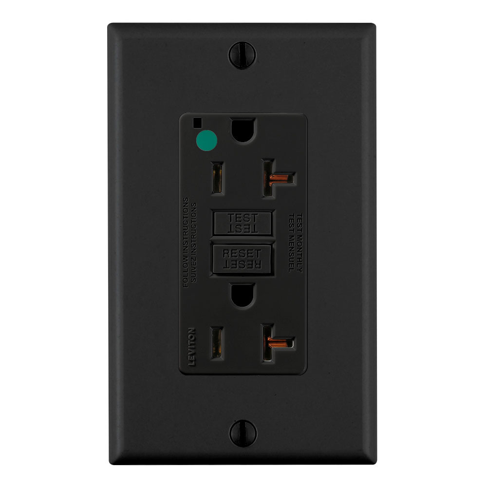 20 Amp, 125 Volt, SmartlockPro Slim Self-Test GFCI Receptacle, Extra-Heavy Duty Hospital Grade, NEMA 5-20R, 20A Feed-Through, 2P, 3W, Matching Wallplate Included - BLACK